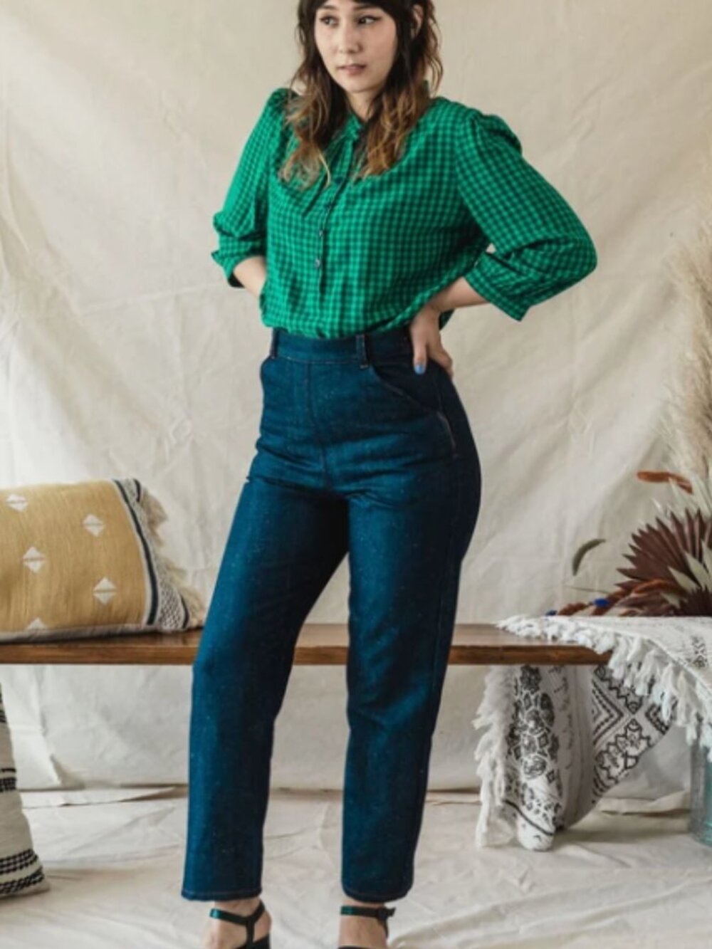 Myrtle Wide Leg High Rise Jeans w/ Side Zip - 1950 Style - L - Dark Wash Indigo